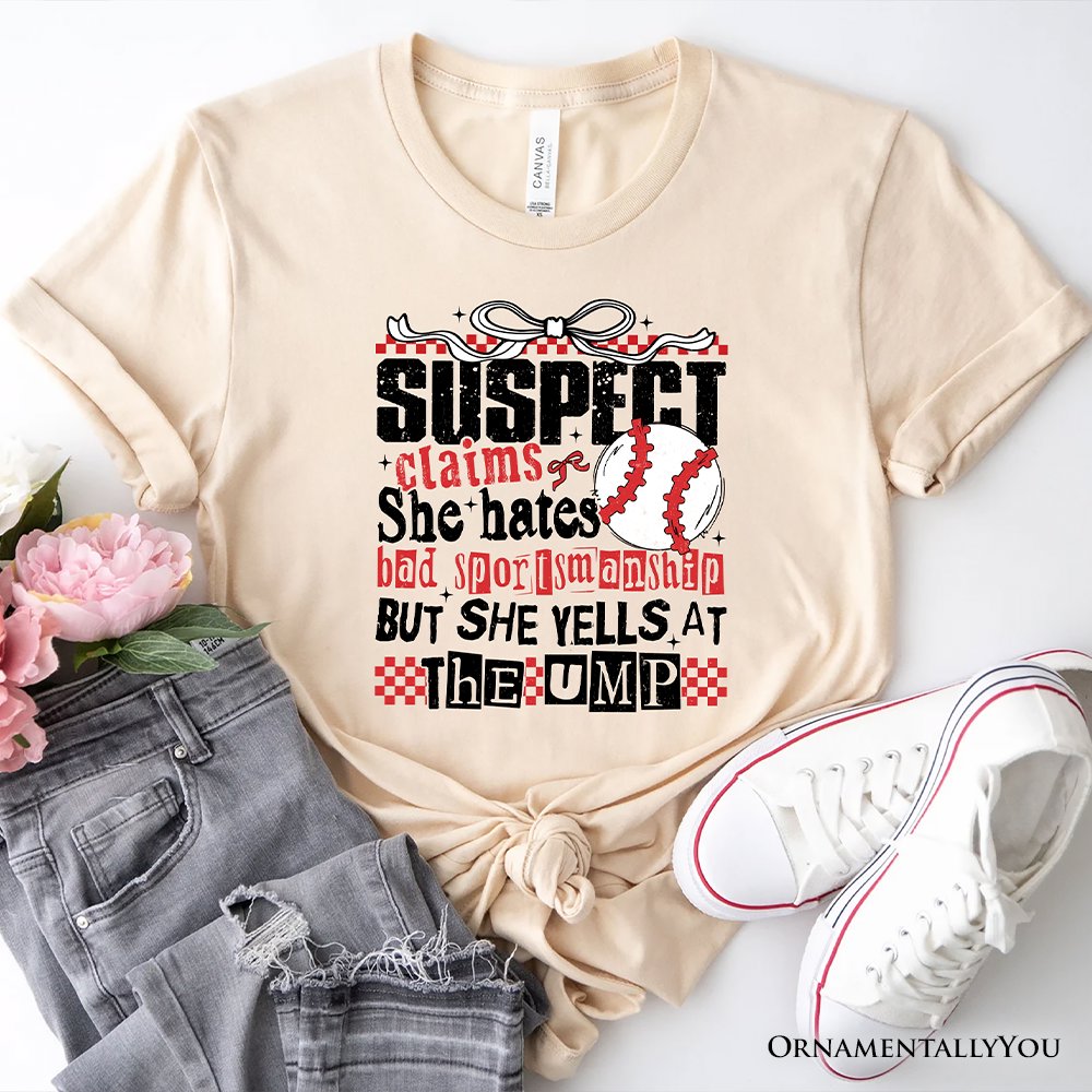 Baseball Suspect Claims Fun T-Shirt, Retro White and Natural Tee With Coquette Bow