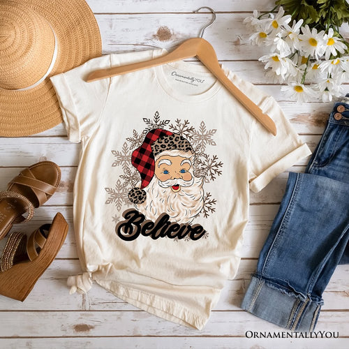 Believe Santa Buffalo Plaid T‑Shirt, Retro Christmas Tee