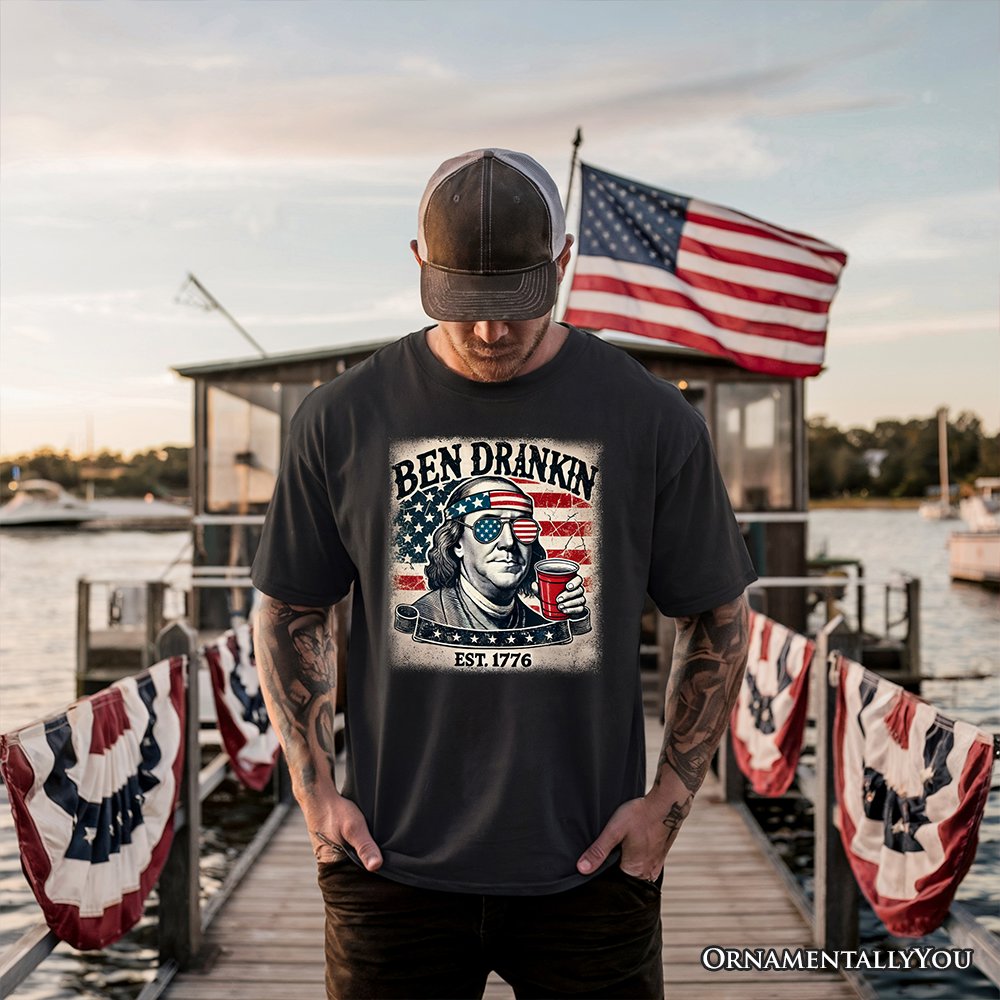 Ben Drankin Funny 4th of July T-Shirt, White, Navy and Black Patriotic Tee With Benjamin Franklin