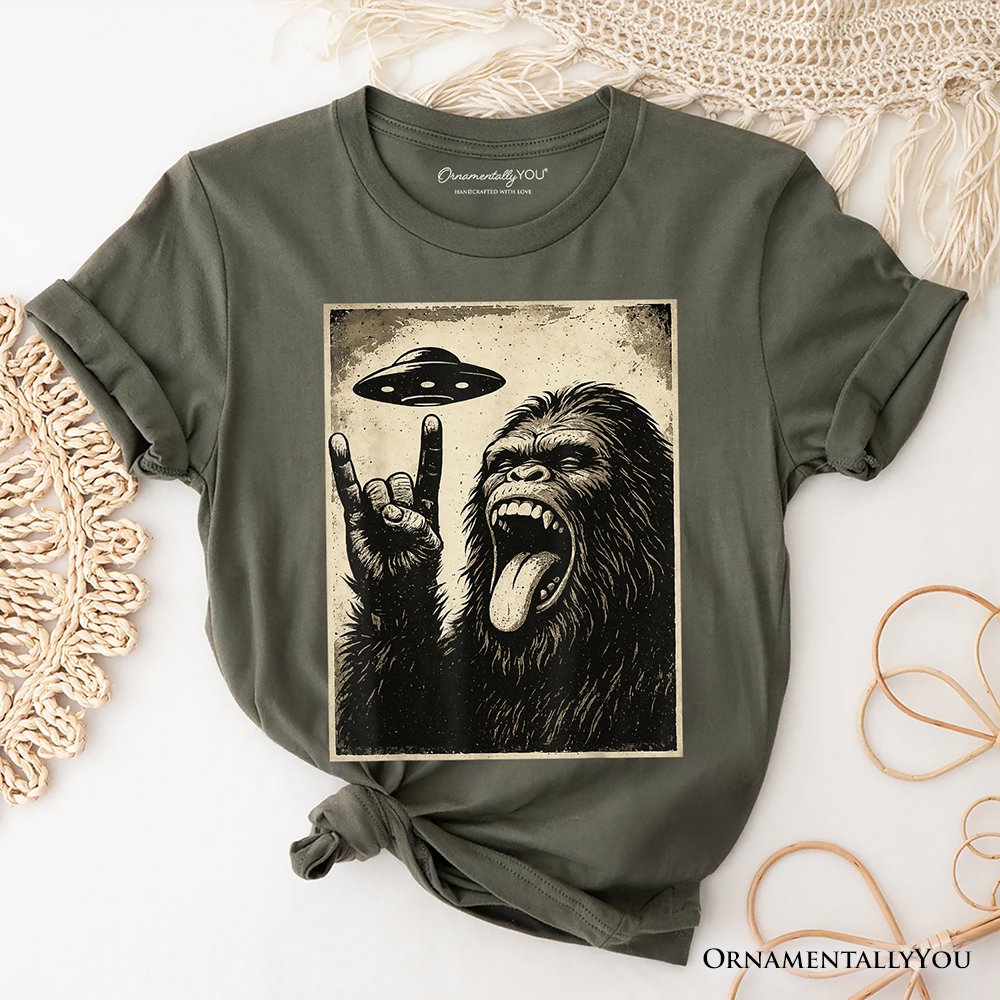 Bigfoot UFO Funny T-Shirt, Rock and Roll Sasquatch Meme Tee