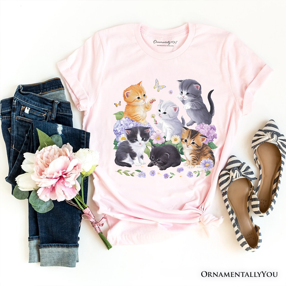 Cute Baby Cats Wildflower T-Shirt, Cottagecore Botanical Cat Tee