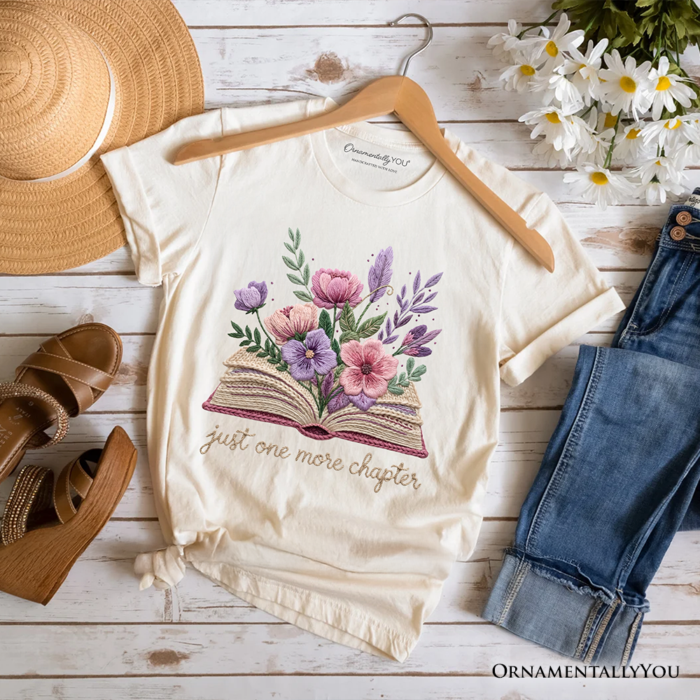 Floral Book Printed Faux Yarn Crochet T-Shirt, Just One More Chapter Bookworm Tee