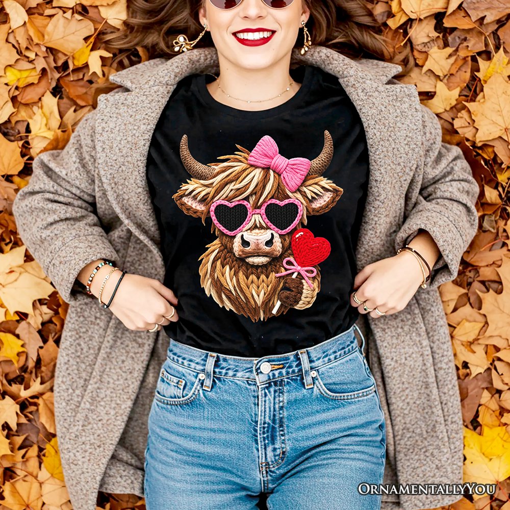Highland Cow Faux-Yarn Valentine T-Shirt, Cute Knit Coquette Tee