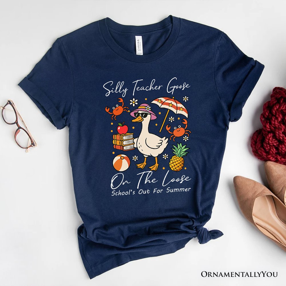 Last Day Teacher Goose T-Shirt, Tropical Summer Break Navy, White, and Natural Tee for Fun and Quirky Educators