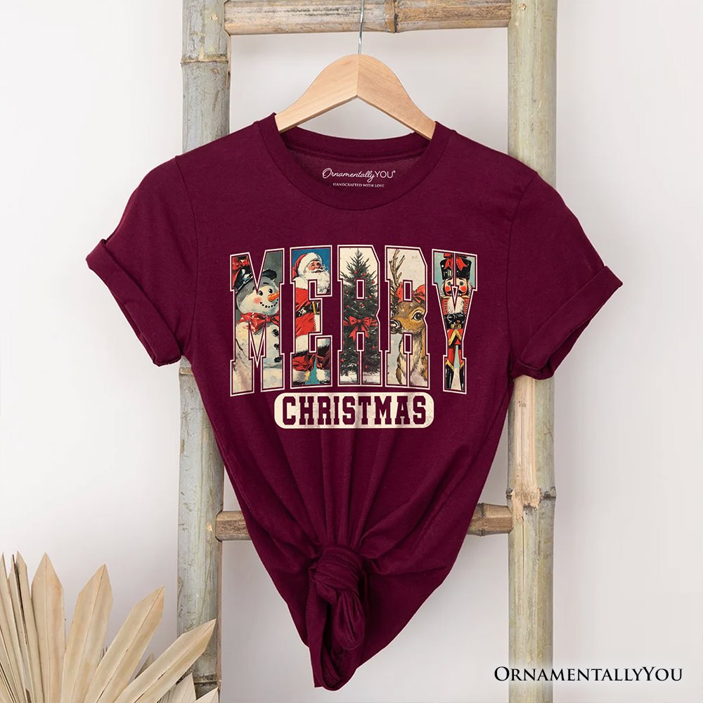 Merry Christmas Vintage T‑Shirt, Santa Tree Reindeer Snowman Nutcracker Tee