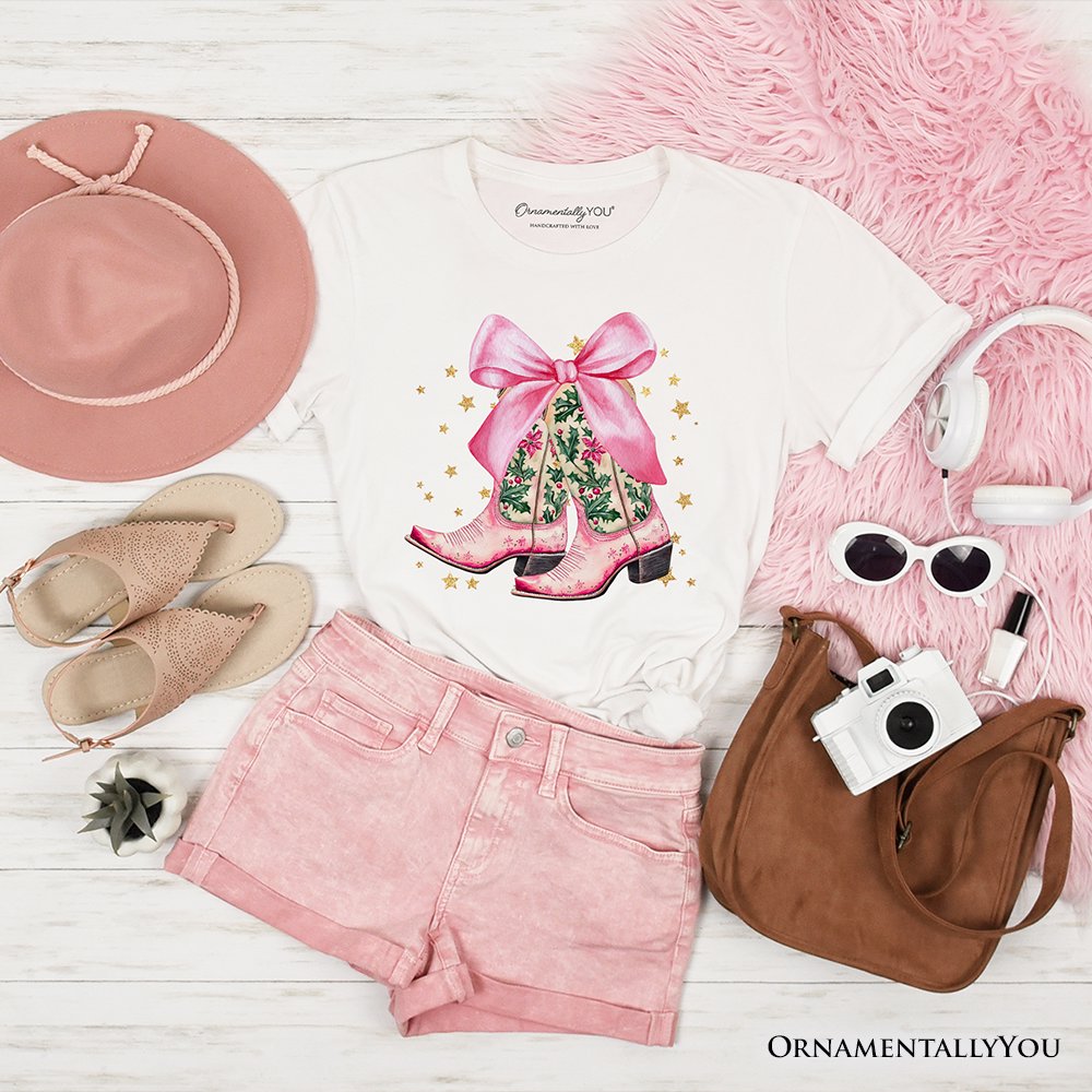 Pink Western Coquette Cowgirl Boots T-Shirt, Country Holiday Tee