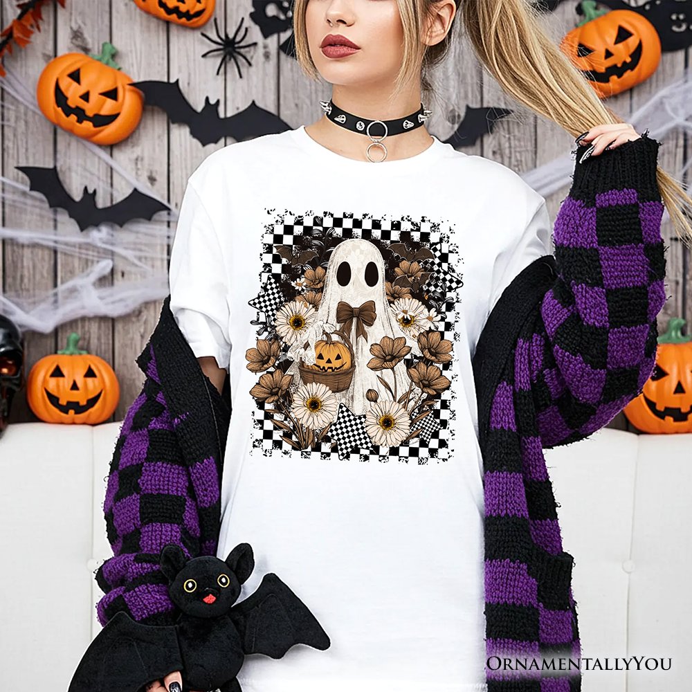 Retro Ghost Floral Halloween T-Shirt, Spooky Vintage Checkered Tee