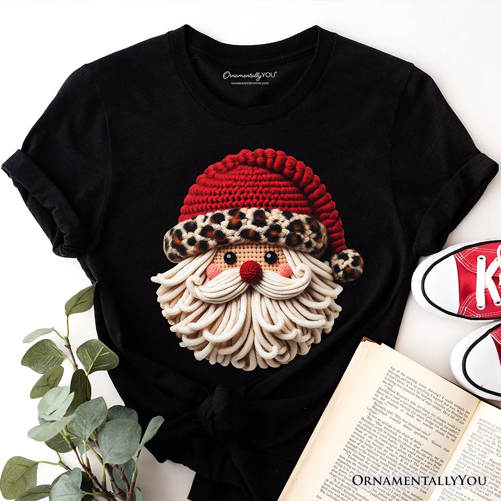 Santa Leopard Hat Christmas T-Shirt, Imitation Latch Hook Yarn Cozy Tee