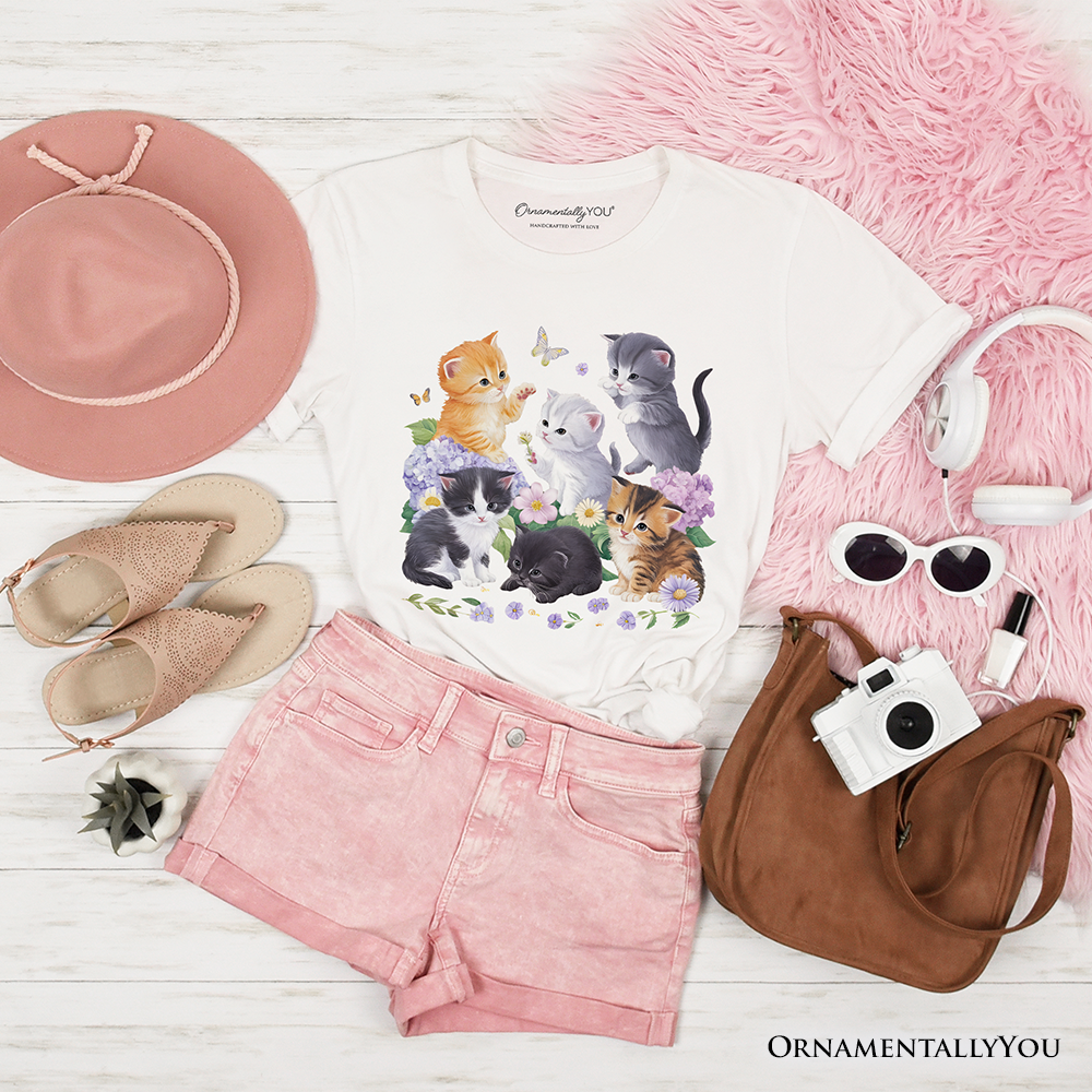 Cute Baby Cats Wildflower T-Shirt, Cottagecore Botanical Cat Tee