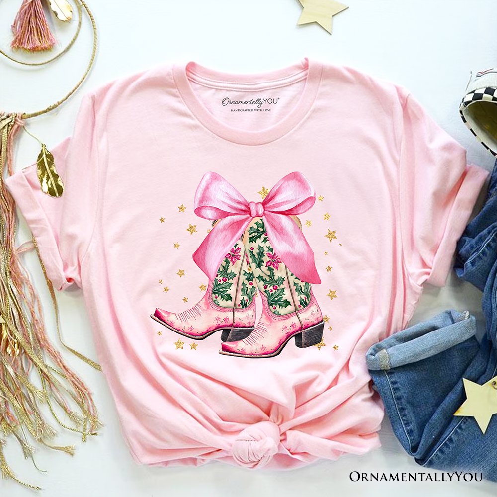 Pink Western Coquette Cowgirl Boots T-Shirt, Country Holiday Tee
