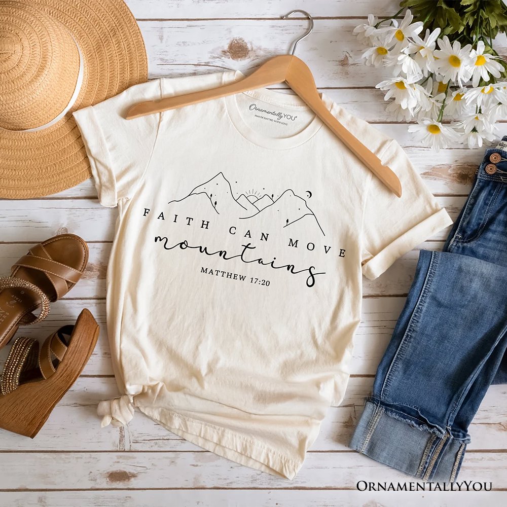 Faith Can Move Mountains Matthew 17:20 Christian T-Shirt, Minimalist Mountain Religious Tee