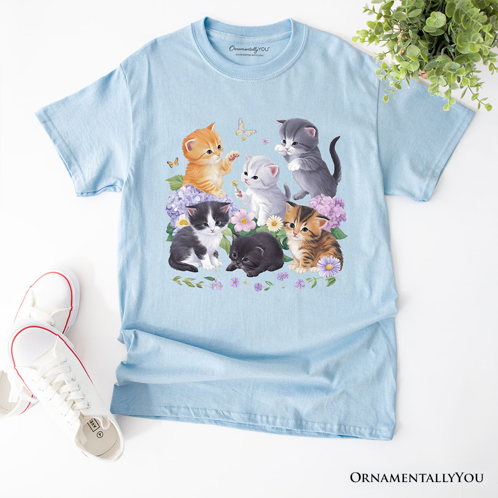 Cute Baby Cats Wildflower T-Shirt, Cottagecore Botanical Cat Tee