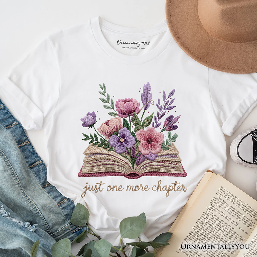 Floral Book Printed Faux Yarn Crochet T-Shirt, Just One More Chapter Bookworm Tee