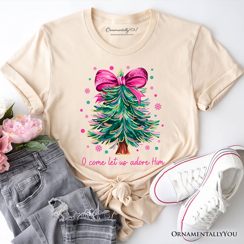 Glitter Christmas Tree Coquette Bow T‑Shirt, O Come Let Us Adore Him Holiday Tee