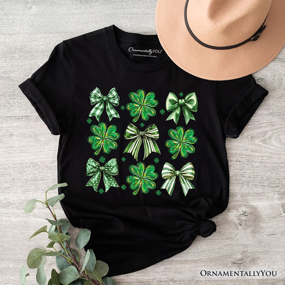 Coquette Clover Bows St Patrick’s Day T-Shirt, Green Irish Lucky Shamrock Tee
