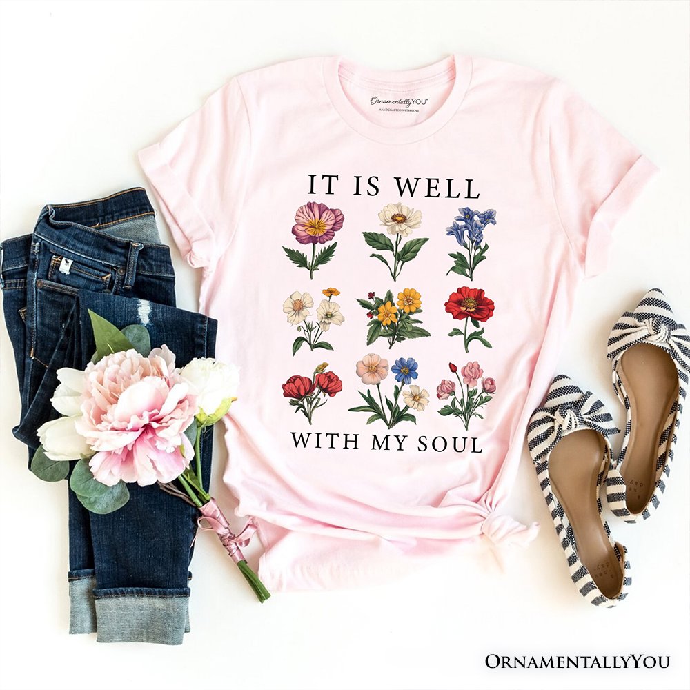 It Is Well With My Soul Christian Floral T-Shirt, Vintage Bible Verse Light Tee