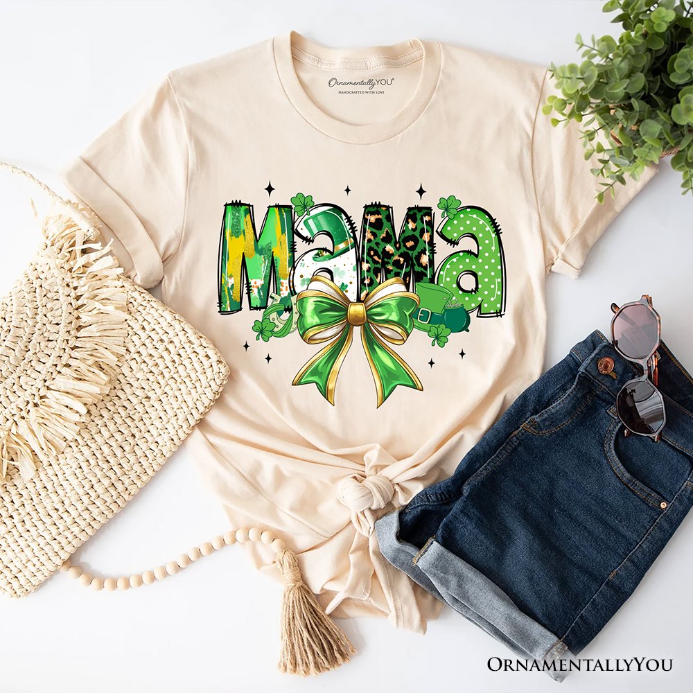 Coquette Mama Bow St Patrick’s Day T-Shirt, Green Lucky Shamrock Clover Tee
