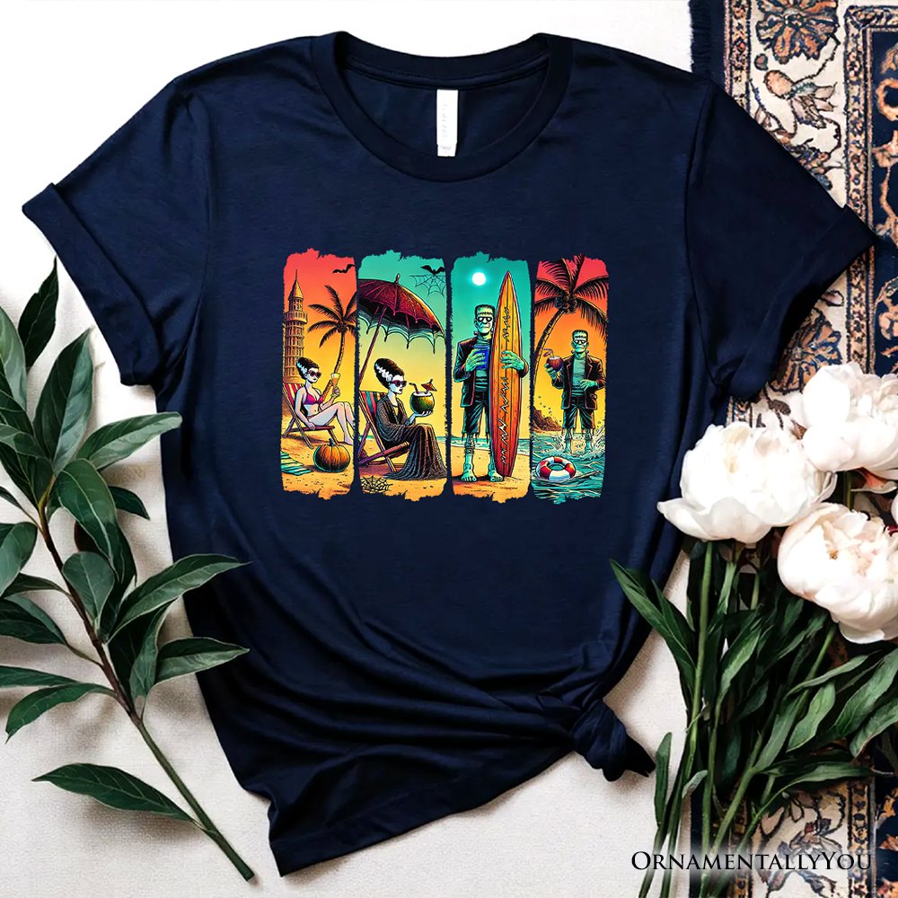 Frankenstein's Beach Vacation T-Shirt, Retro Neon Surf Style Tee for Horror Fans with Summer Vibes