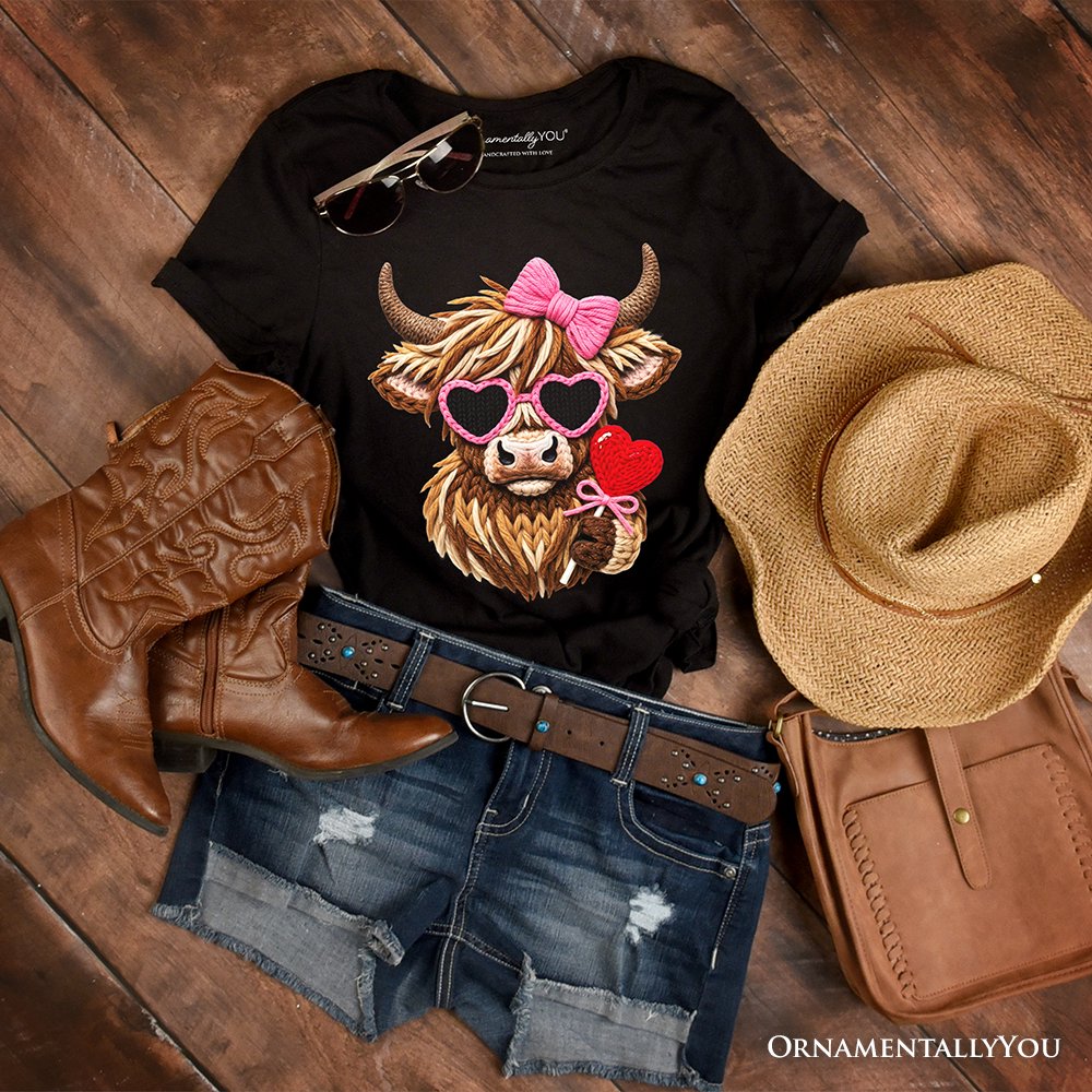 Highland Cow Faux-Yarn Valentine T-Shirt, Cute Knit Coquette Tee
