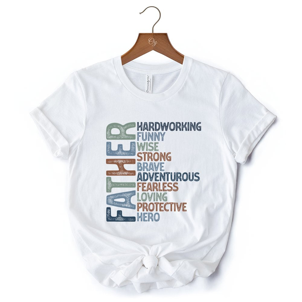 Father Definition T-Shirt, White and Natural Inspirational Tee for Hero Dad