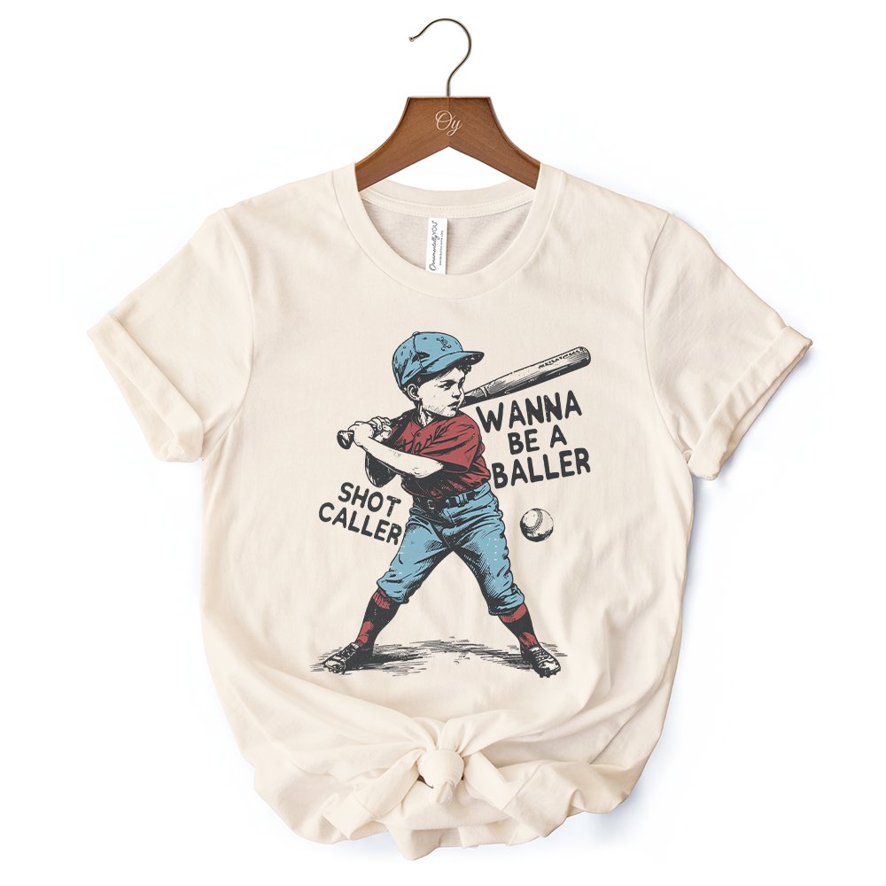 Baseball Retro T-Shirt Wanna Be a Baller, Vintage White and Natural Tee