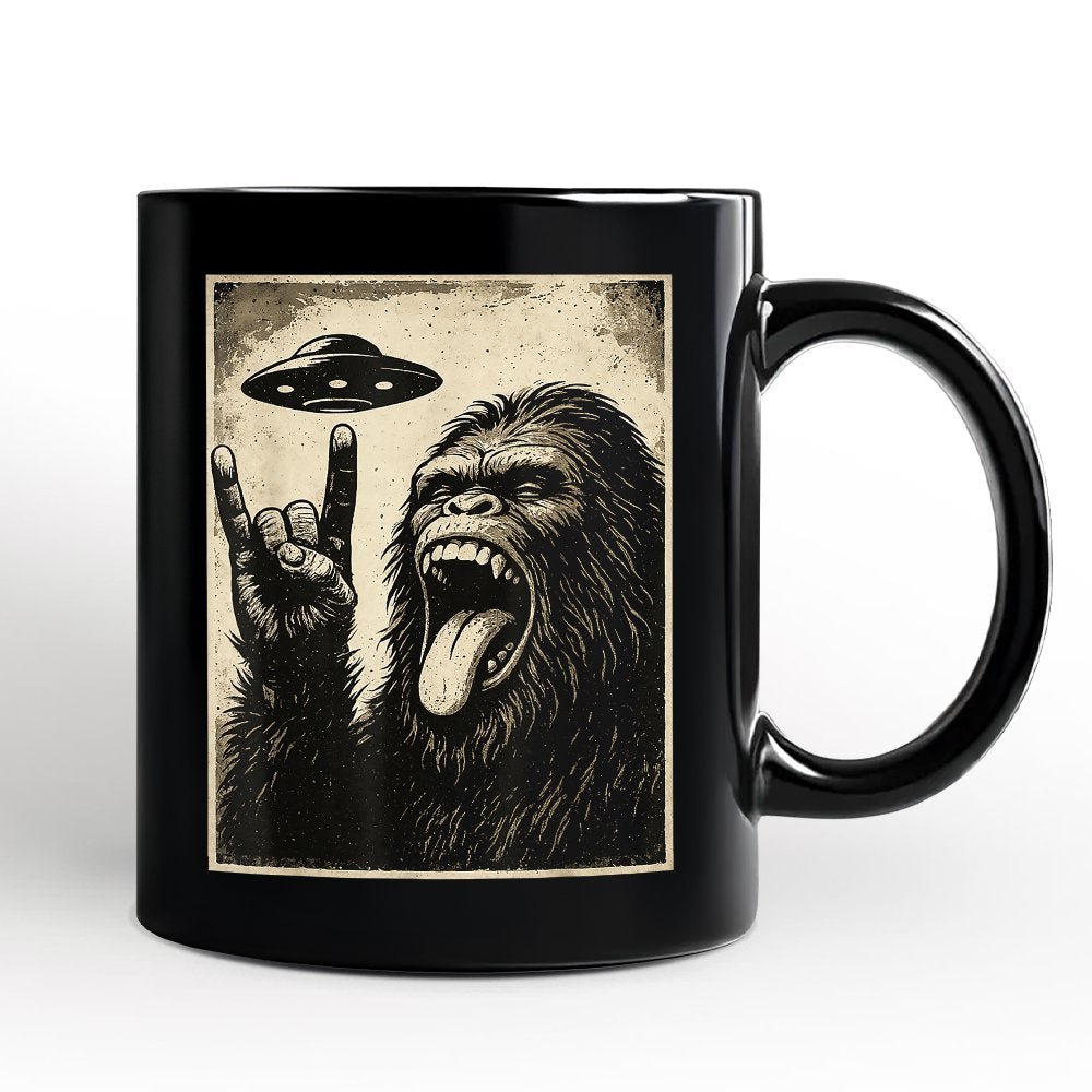 Bigfoot UFO Funny Personalized Mug, Rock and Roll Sasquatch Meme Gift with Custom Name
