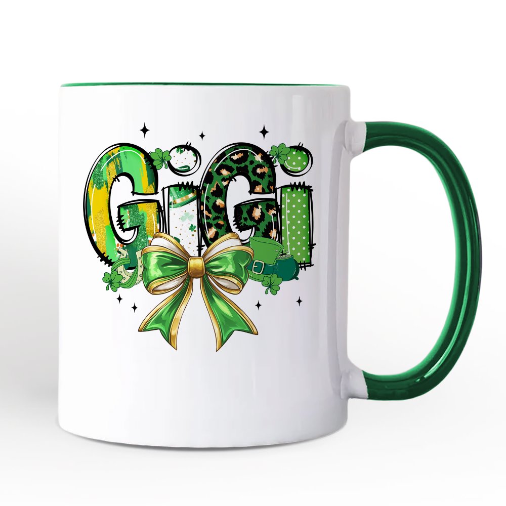 Coquette Gigi Bow St Patrick’s Day Personalized Mug, Green Lucky Shamrock Clover Gift with Custom Name