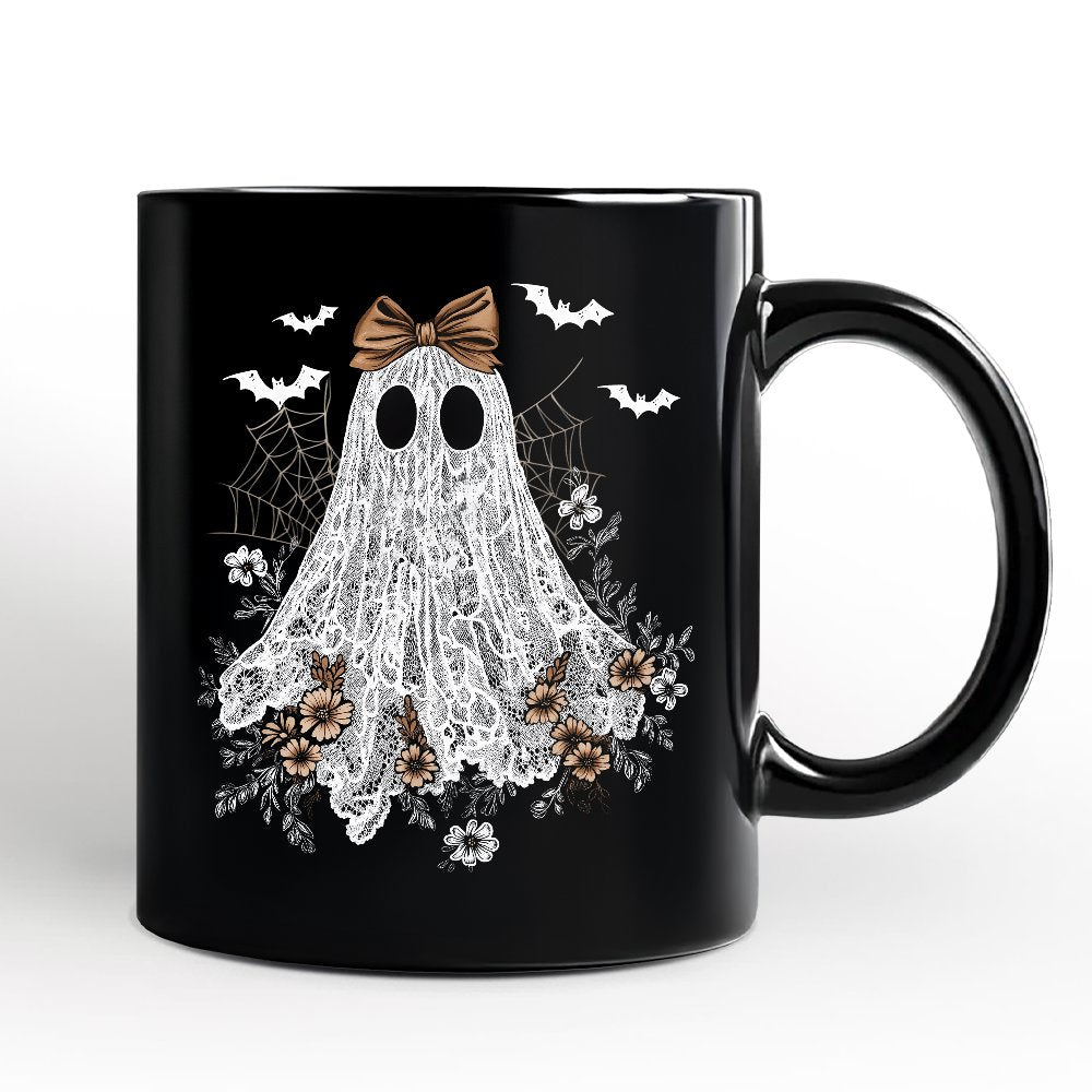 Cute Lace Ghost Coquette Pesonalized Mug, Floral Vintage Halloween Gift with Custom Name