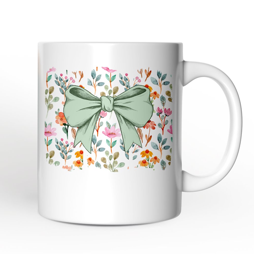 Floral Coquette Bow Personalized Mug, Cute Spring Preppy Girly Flowers Gift with Custom Name
