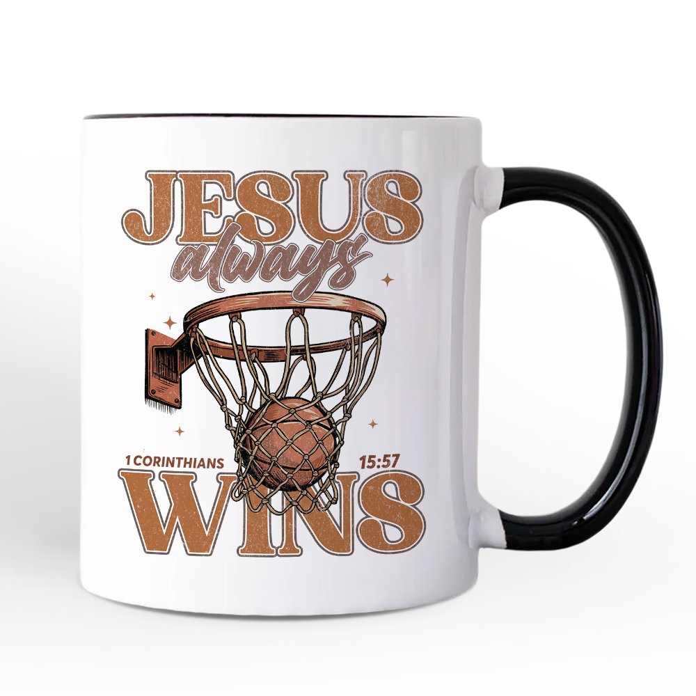 Jesus Always Wins Christian Basketball Personalized Mug, Retro Motivational Bible Verse Gift with Custom Name