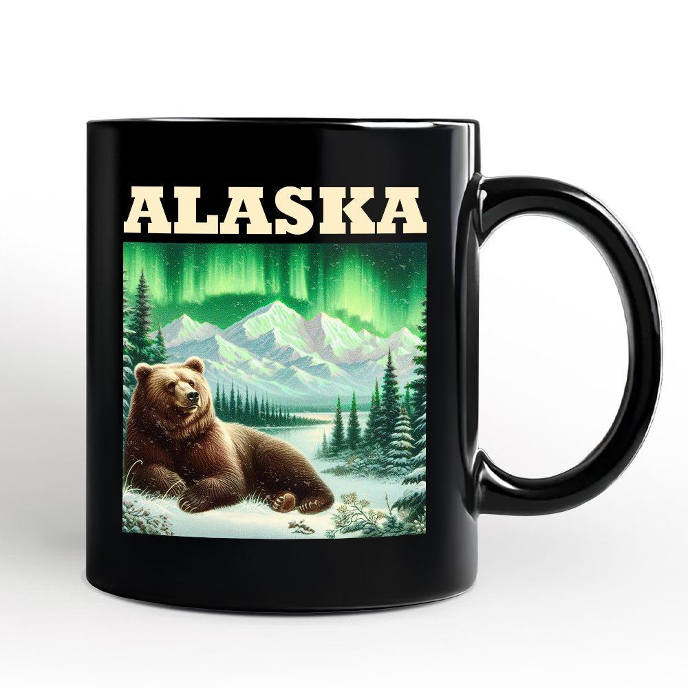 Majestic Alaska State Wilderness Vintage Personalized Mug, Northern Lights Grizzly Bear Gift and Nature Souvenir with Custom Name