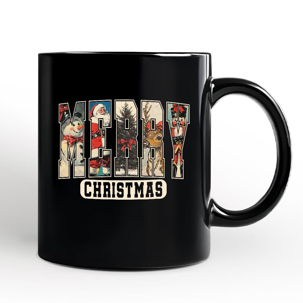 Merry Christmas Vintage Personalized Mug, Santa Tree Reindeer Snowman Nutcracker Gift with Custom Name