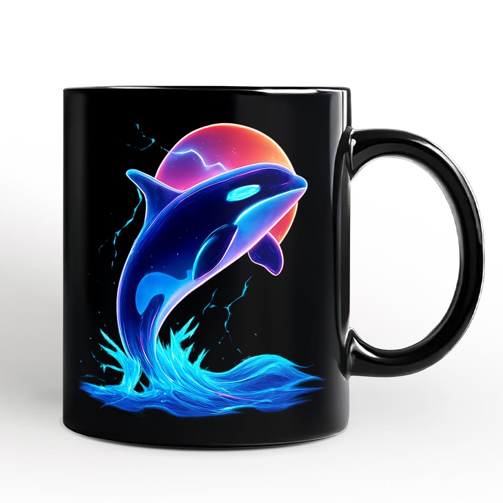 Orca Neon Synthwave Retro Personalized Mug, Vaporwave Sunset Ocean Gift with Custom Name