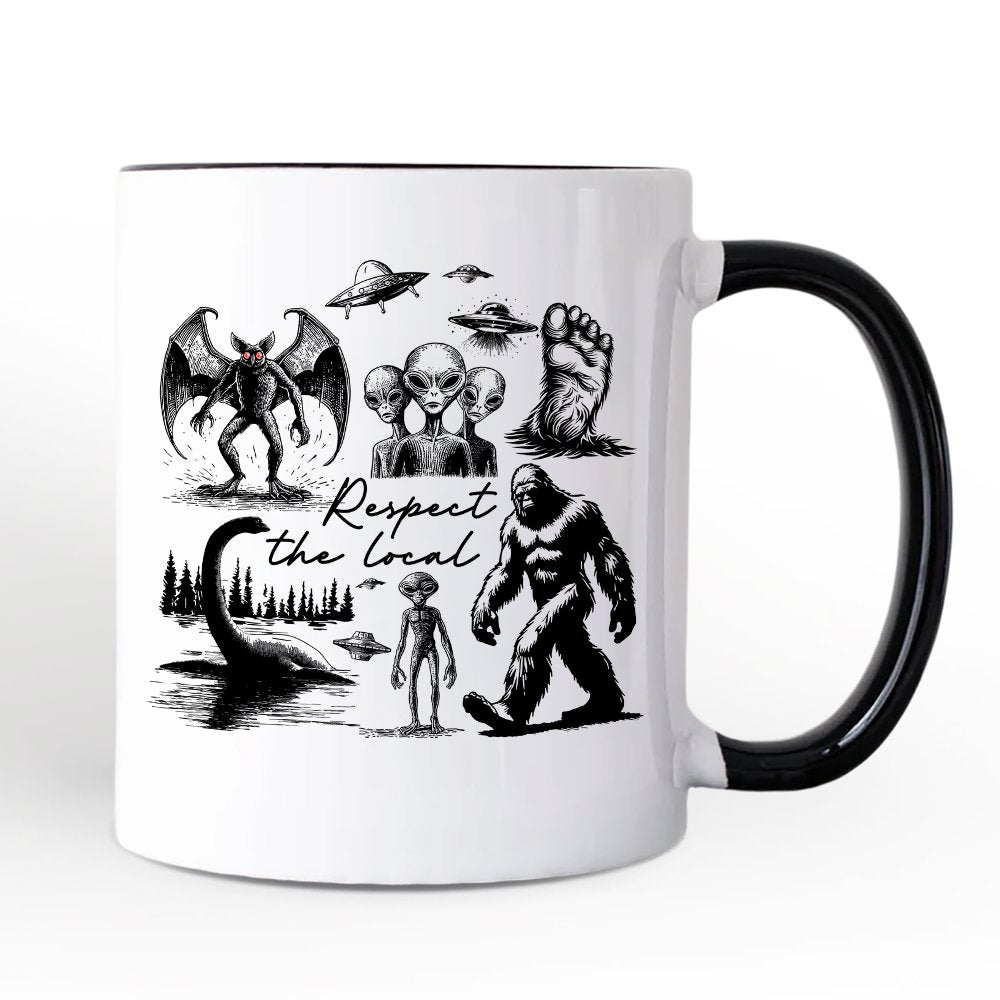 Respect The Local Cryptid Squad Personalized Mug, Funny Bigfoot Alien Mothman Meme Gift with Custom Name