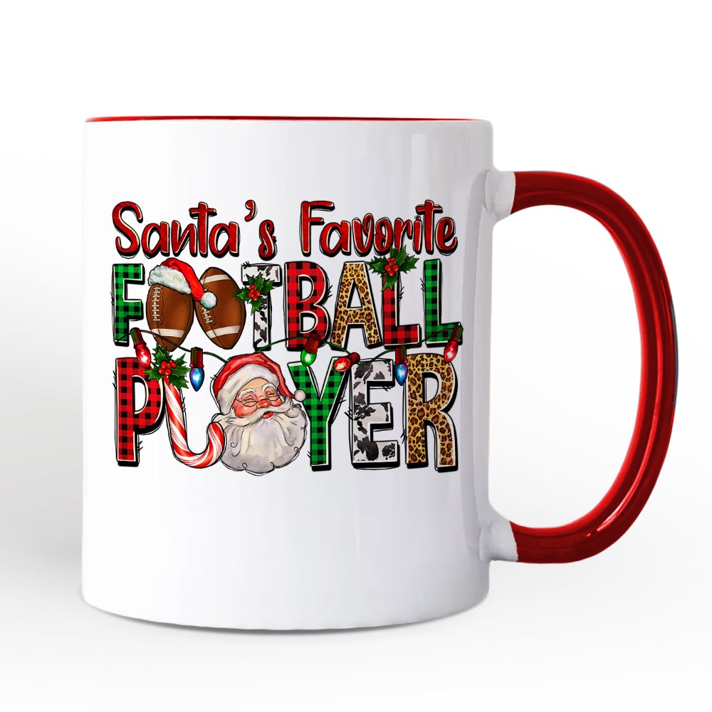 Santa’s Favorite Football Player Personalized Mug, Plaid Christmas Athelete Gift with Custom Name
