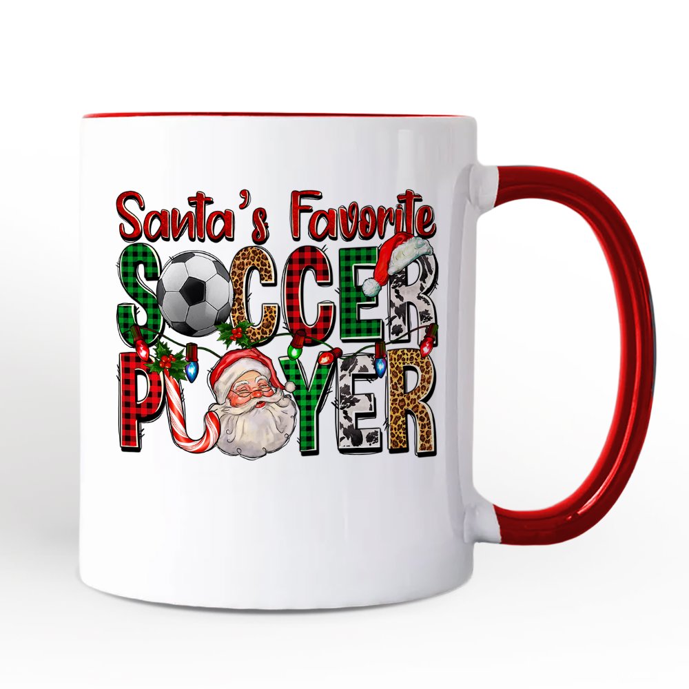 Santa’s Favorite Soccer Player Christmas Plaid Personalized Mug, Football Gift with Custom Name