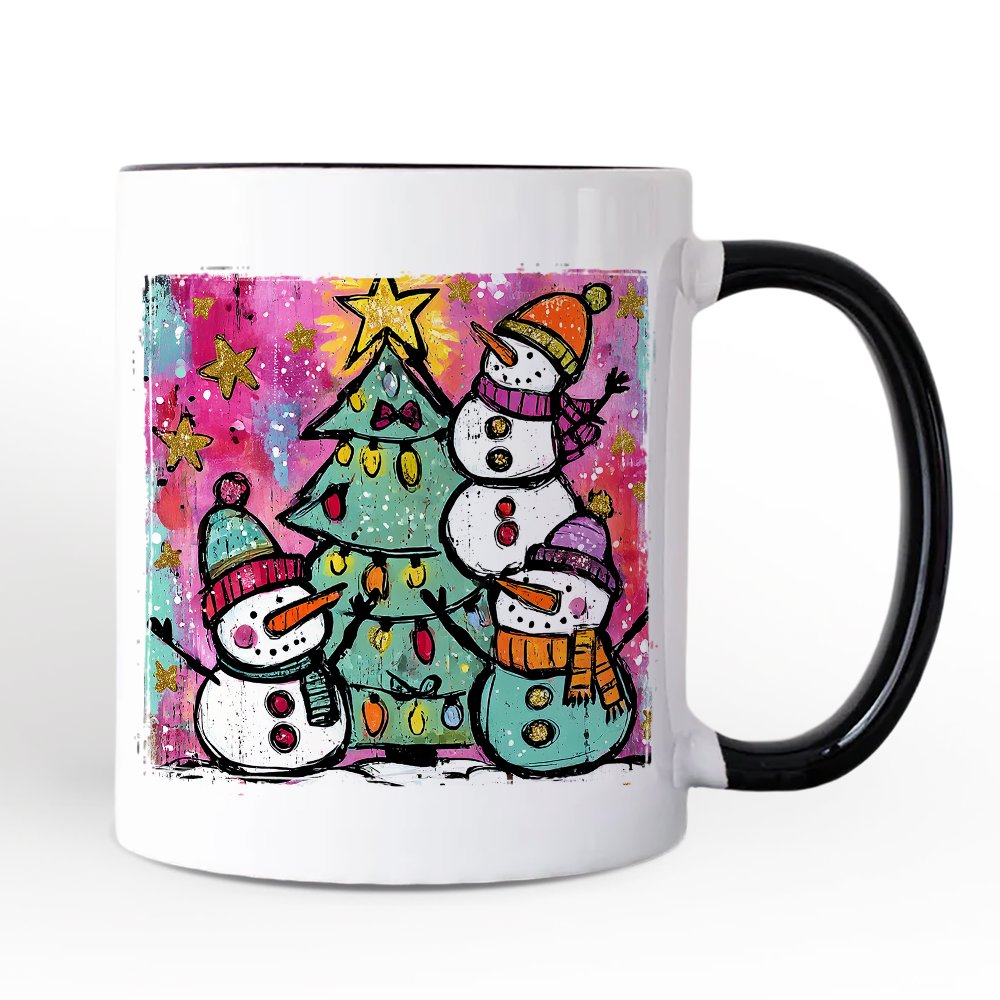 Watercolor Snowmen Christmas Tree Personalized Mug, Vintage Holiday Retro Gift with Custom Name