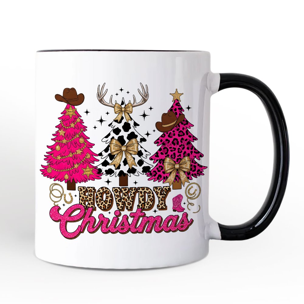 Howdy Pink Christmas Western Christmas Personalized Mug, Leopard Print Retro Holiday Gift with Custom Name