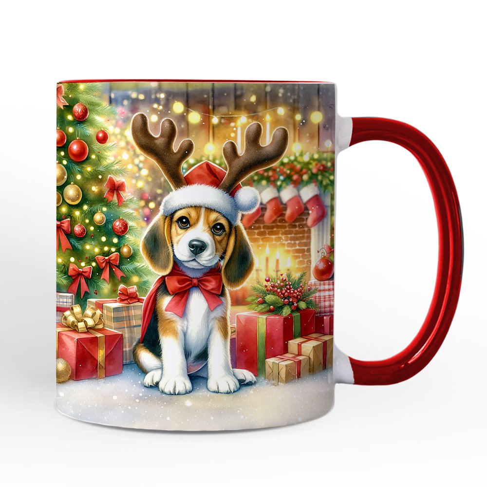 Cozy Fireplace Beagle Personalized Mug, Snuggly Canine Christmas Gift with Custom Name