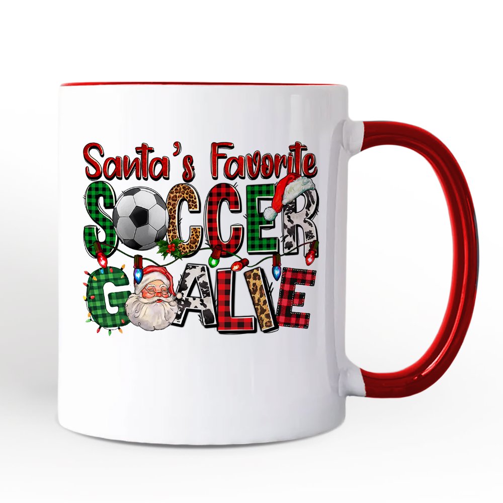 Santa’s Favorite Soccer Goalie Personalized Mug, Plaid Christmas Football Gift with Custom Name