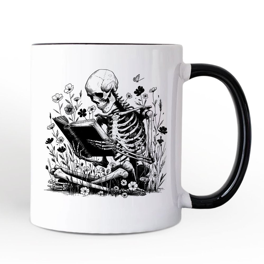 Gothic Reading Skeleton Personalized Mug, Floral Halloween Gift with Custom Name