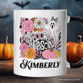 Boho Spooky Season Ghost Personalized Mug, Cute Halloween Gift with Custom Name with Fall Pumpkins
