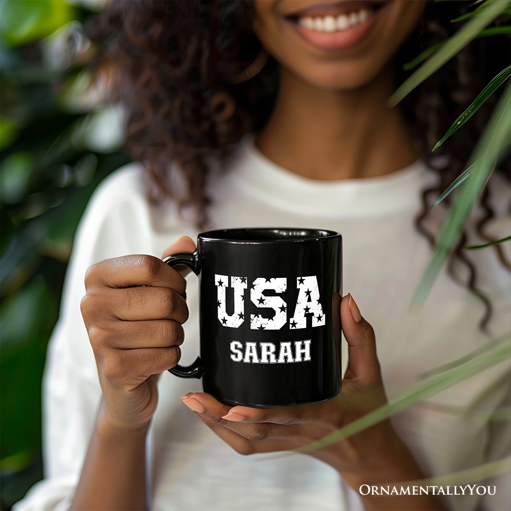 USA Block Letters Personalized Mug, Vintage Patriotic Gift with Custom Name